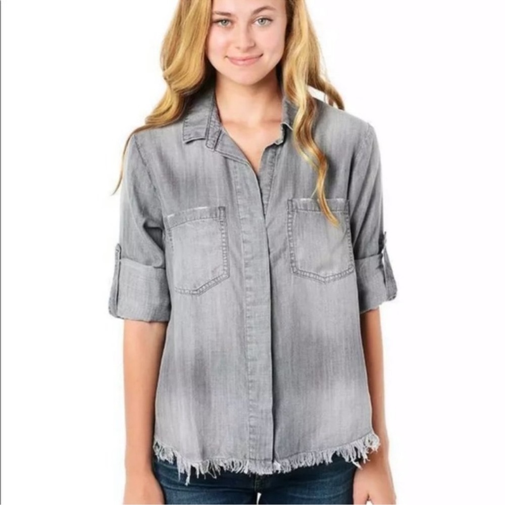 Bella Dahl Soft Tencel Button Front Shirt w/Frayed Hem Size Medium Chambray Grey